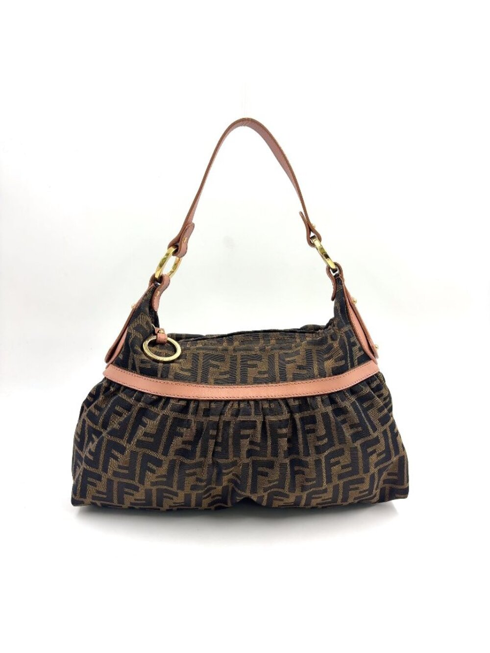 Fendi Zucca Pattern Leather Canvas Pink Beige Brown Bag Gold